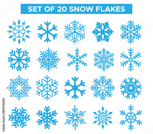 Snowflake Vector Set – Winter Ice Crystal Collection with Clean Blue Line Art, Symmetrical Geometric Snowflakes for Winter Design, Decorative Graphics and Cold Weather Illustrations
