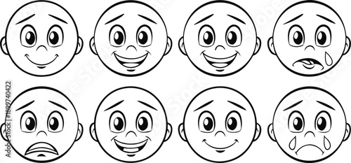 A collection of diverse facial expressions depicted through simple line drawings