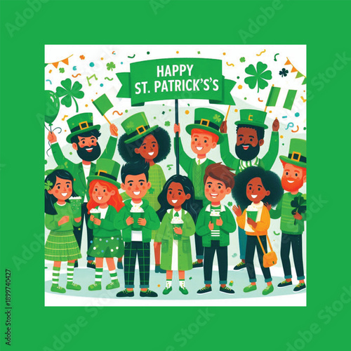 people celebrating st patricks day ireland with shamrocks flat vector illustration