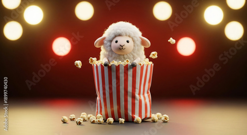 Whimsical 3D illustration of a fluffy sheep enjoying a movie night, nestled happily in a classic striped popcorn bucket, surrounded by golden bokeh lights