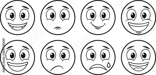 A collection of eight distinct facial expressions depicted through simple, black and white line drawings