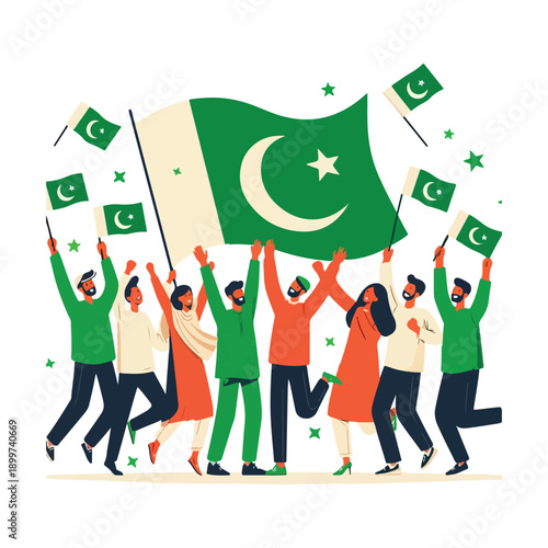 pakistan national day respectful flat vector people raising flags