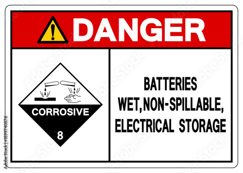 Danger Batteries Wet Non Spillable Electrical Storage Symbol Sign, Vector Illustration, Isolate On White Background, Label.EPS10