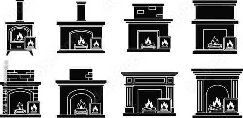 Collection of eight black silhouette fireplace with burning logs black and white