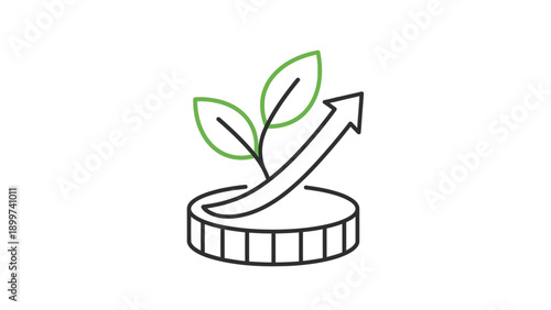 Green finance growth with coin plant and upward arrow icon