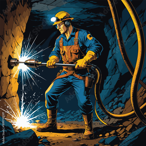 vector image of a miner drilling a rock