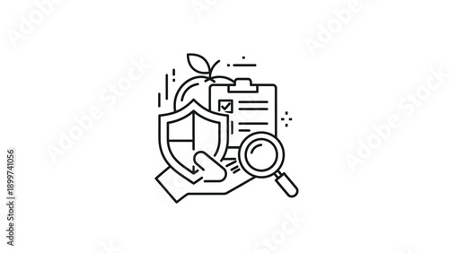 Hand holds shield, clipboard, magnifying glass for health inspection