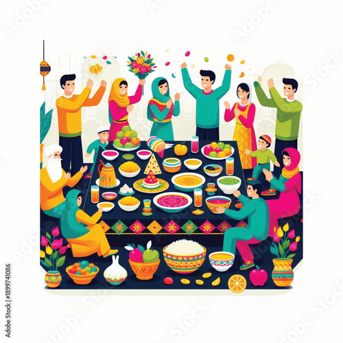 nowruz haft seen setup people arranging table flat vector icon
