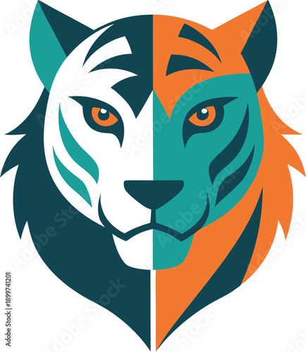 Vibrant tiger head illustration with split color scheme