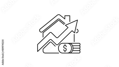 Increasing house value with dollar coins line icon