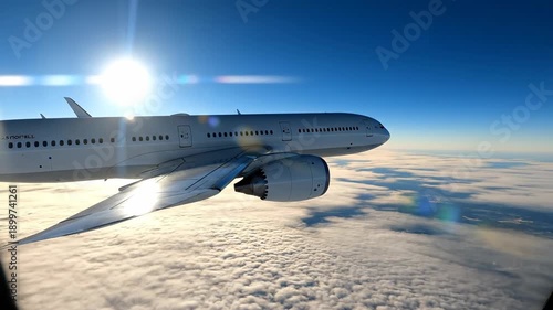 Passenger Jet Flying High in Blue Sky