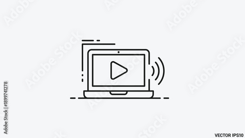 Laptop with play button and sound waves streaming content