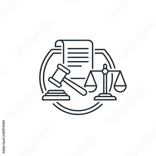 Minimalist legal justice icon with gavel, scales, document