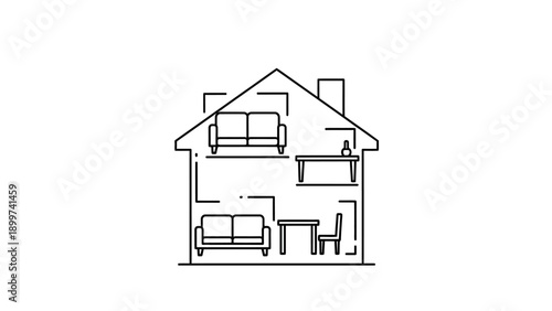 Minimalist line art illustration of a two-story house with furniture