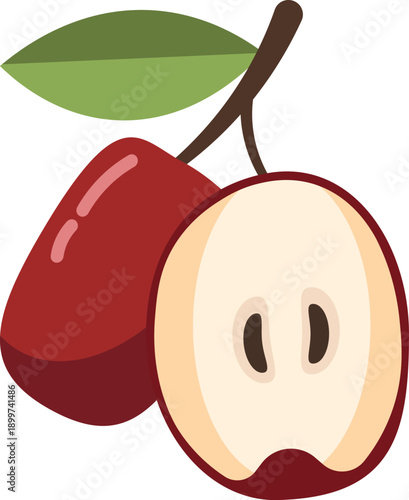 A whole red jujube and a halved one showing its white flesh and seeds, flat vector art