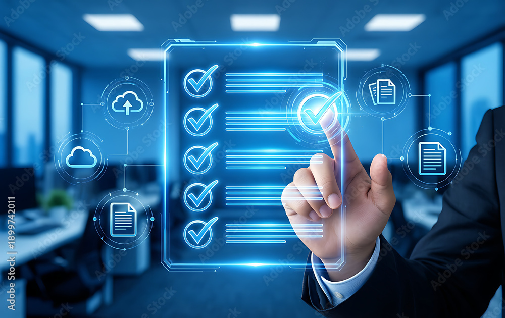 Fototapeta premium Hand touching glowing checklist with checkmarks and cloud