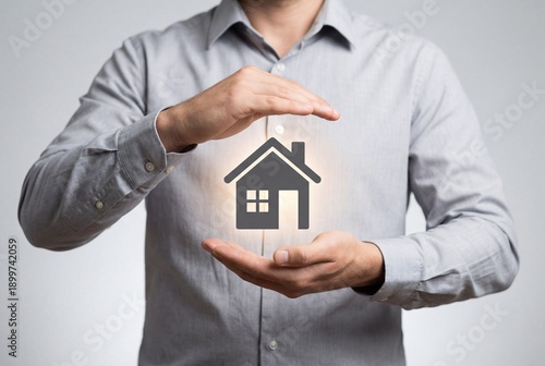 Male hands protecting house icon illustrating home insurance and real estate safety concept