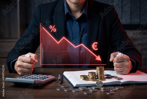 Stressed businesswoman clenching fists at desk with red downward graph showing euro currency crash