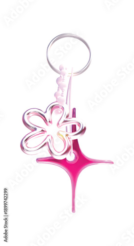 3D keychain with star and flower. Vector illustration in Y2K style