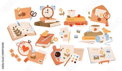 Cozy cottagecore set with books, journaling supplies, and hygge vibe. Vintage rustic aesthetic with coffee mug, candle, and spring flowers. Vector illustration for planner and scrapbook.