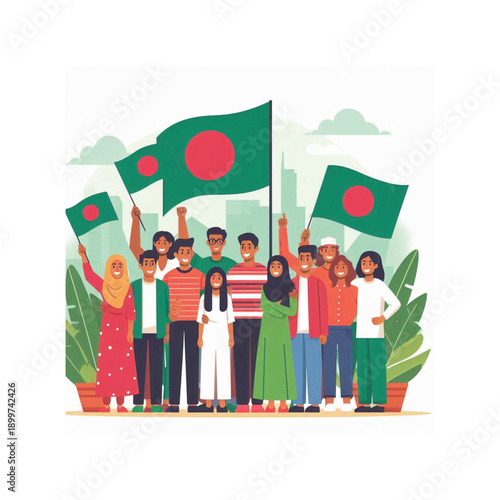 bangladesh national day people holding flags flat vector icon
