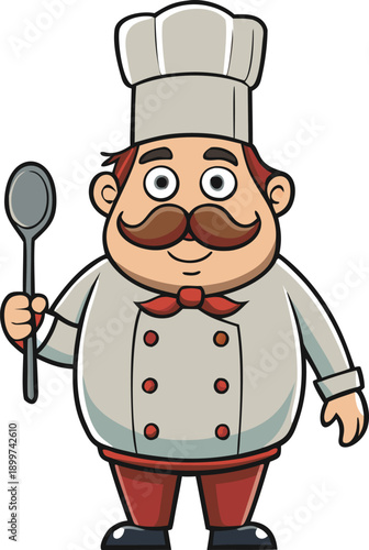 A jovial chef with a mustache and a wooden spoon in hand