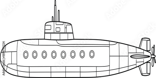 Submarine underwater vehicle coloring page for kids, line art vector illustration of nautical marine vessel for science and education project