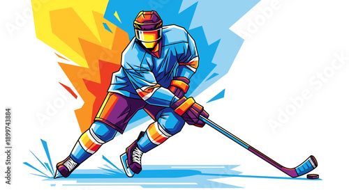 Dynamic illustration of an ice hockey player in action, capturing the speed and intensity of the sport with vibrant abstract background elements