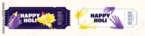 Holi festival entry ticket set with yellow and purple powder pichkari and painted hands illustration