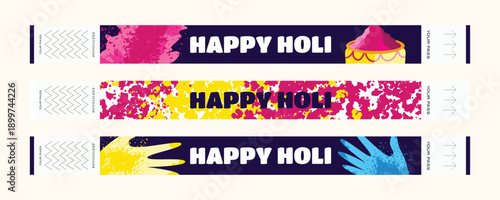 Holi festival wristband set with paint buckets yellow pink blue powder and painted hands illustration