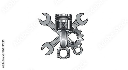 Automotive Engine Piston and Tools Illustration.