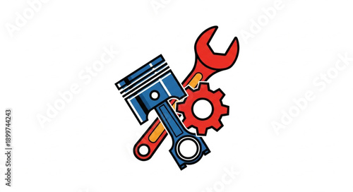 Automotive Engine Piston and Tools Illustration.