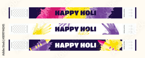 Holi festival wristband set with yellow purple and pink powder painted hands and pichkari illustration