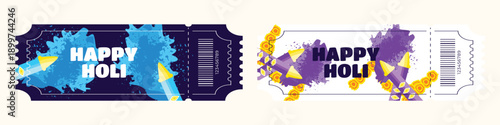 Holi festival entry ticket set with yellow and purple powder and pichkari water guns illustration