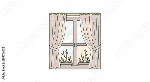 Window with Beige Curtains and Potted Plants with Small Buds on the Windowsill Illustration, Generative AI.