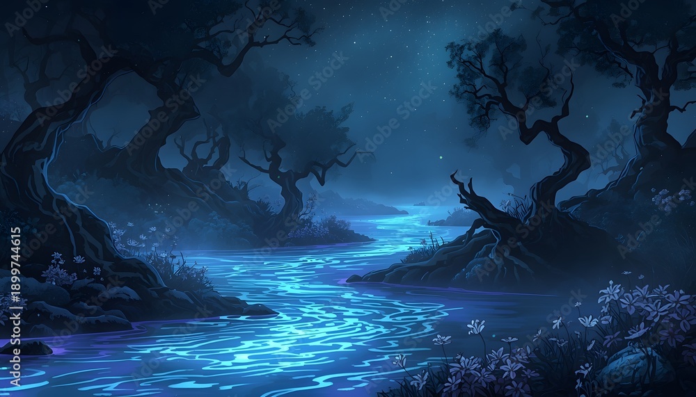 Obraz premium Serene glowing river with soft blue and purple hues flows gently through a dark mystical forest with twisted trees
