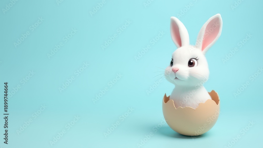 Obraz premium cute easter rabbit white bunny coming out of opened egg on light blue background with copy space