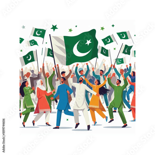 independence day pakistan people waving flags flat vector illustration