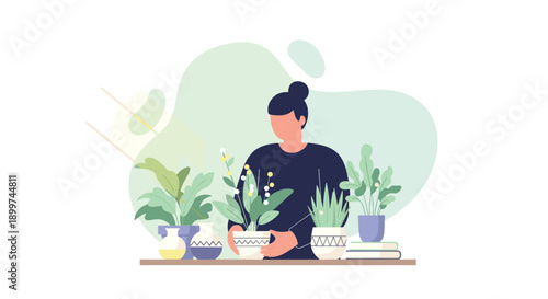 Woman Arranging Indoor Houseplants on a Table in a Sunny Room with a Gentle Spring Sunbeam, Generative AI.