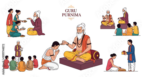 Illustrations depicting the sacred Indian festival of Guru Purnima, honoring teachers and spiritual mentors through traditional rituals and expressions of gratitude