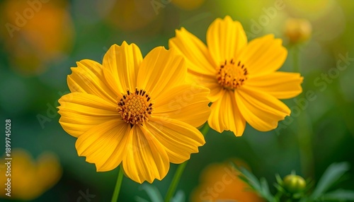 Fresh yellow cosmos flowers blooming outdoors with green leaves, vibrant floral background for nature and gardening themes