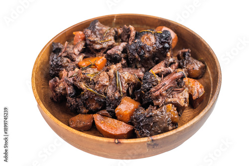Bilde på lerret Homemade veal oxtail ragout in wooden bowl, gelatin rich slow cooked meat with v