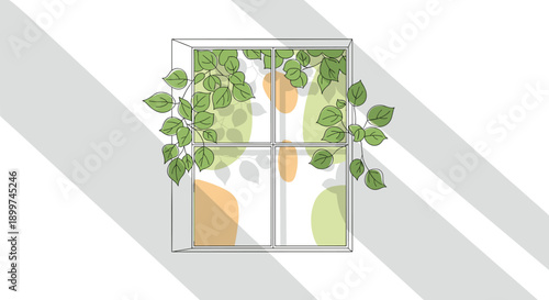 Window Frame with Green Vines and Leaves Growing Across it Cast in Soft Morning Spring Light, Generative AI.