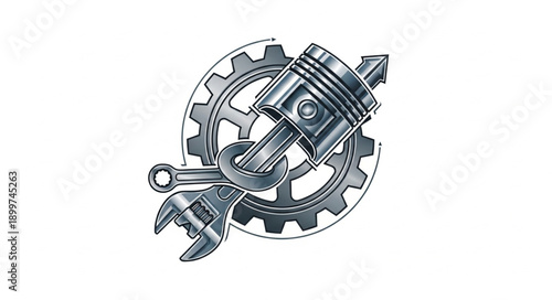 Automotive Engine Piston and Gear with Wrench.