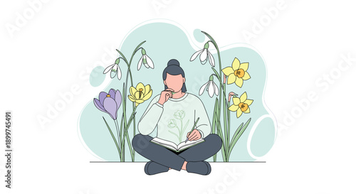 Young Woman Sitting Cross Legged and Drawing in a Sketchbook Surrounded by Giant Spring Flowers, Generative AI.