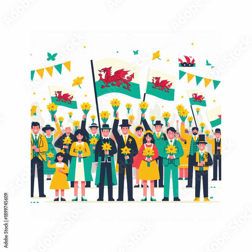 saint davids day wales people holding daffodils flat vector illustration