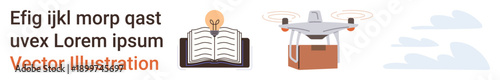 Education, innovation, delivery services, technology, creativity, inspiration. Open book with lightbulb, quadcopter with package minimal clouds. Education and innovation themed visual concepts