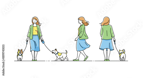Woman Walking Two Dogs Illustration Showing Front Side and Back Perspectives for Character Design, Generative AI.