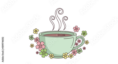 Hot Cup of Tea with Steam Rising Surrounded by Colorful Spring Flowers in Pink Yellow and Green Colors in Delicate Line Art Illustration Style with White Background and Cozy Mood, Generative AI.