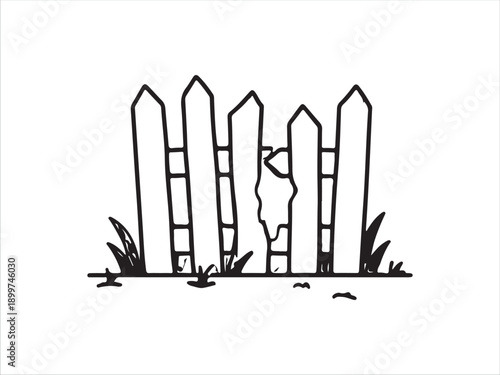Broken wooden picket fence standing in grassy area illustration